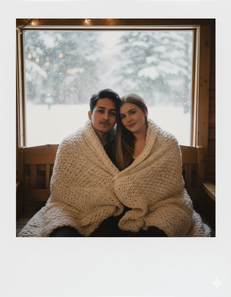 Couple in cozy cabin
