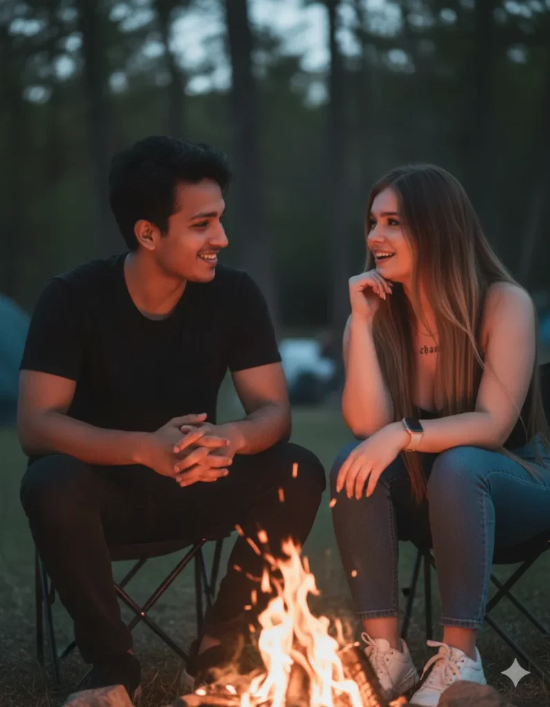 Couple by campfire