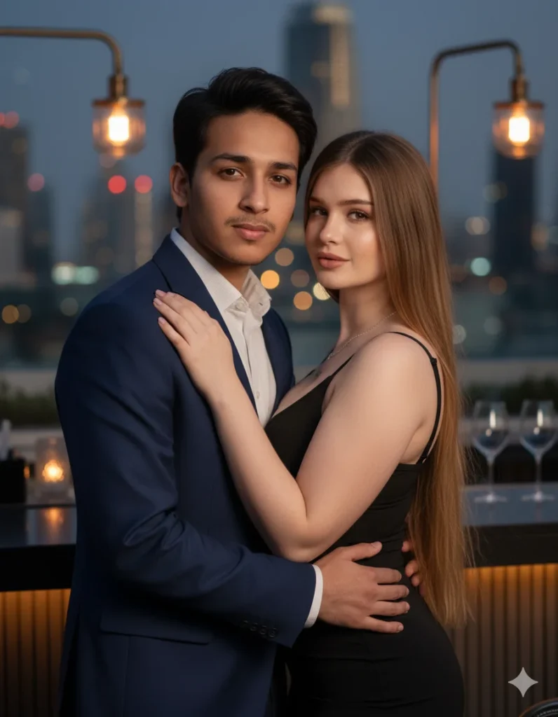 Couple at rooftop bar