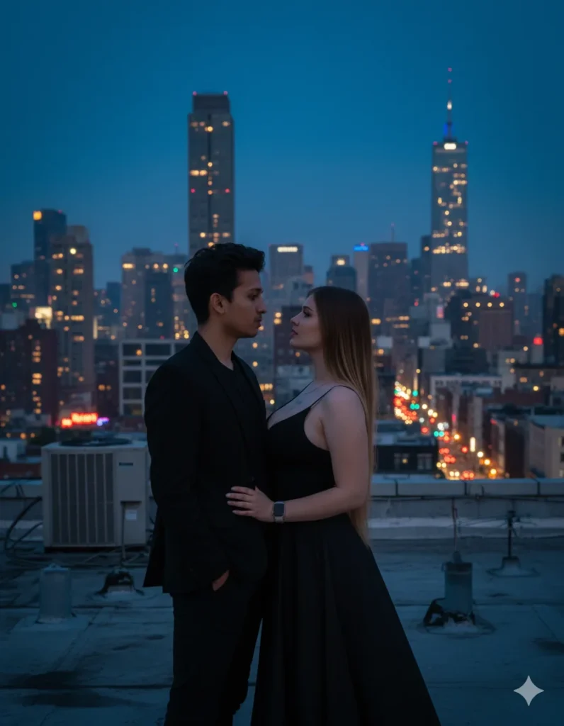 Couple on city rooftop